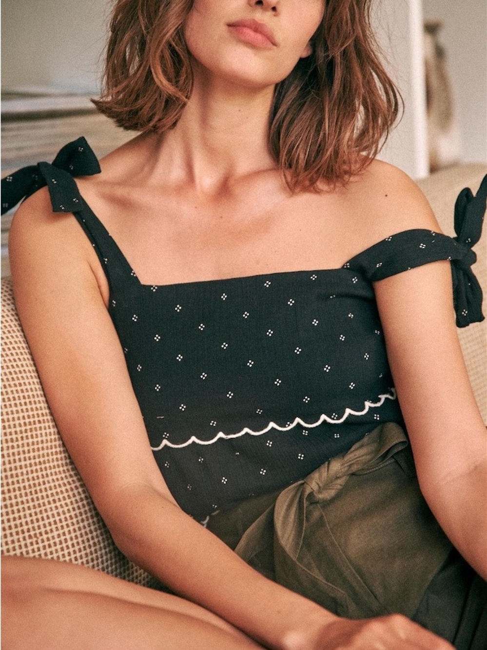 Sézane Woven Black Tie-Shoulder Square Neck Tank Top